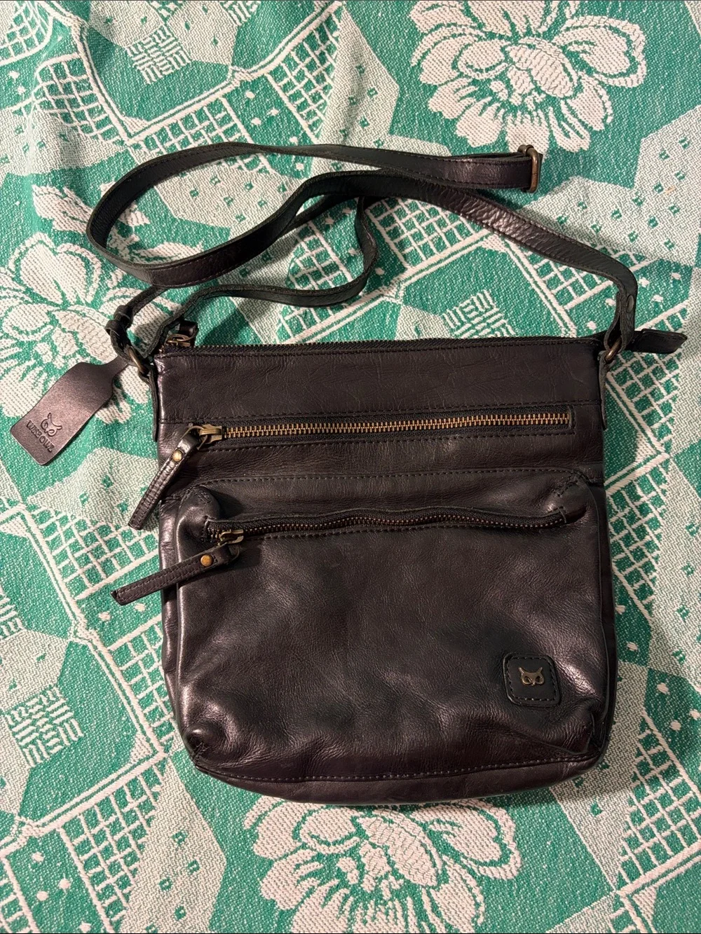 Leather Crossbody with Front Zip Pockets - Black